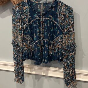 Anthropologie Sheer Floral Button Front Ruffled Peasant Blouse - Navy Floral